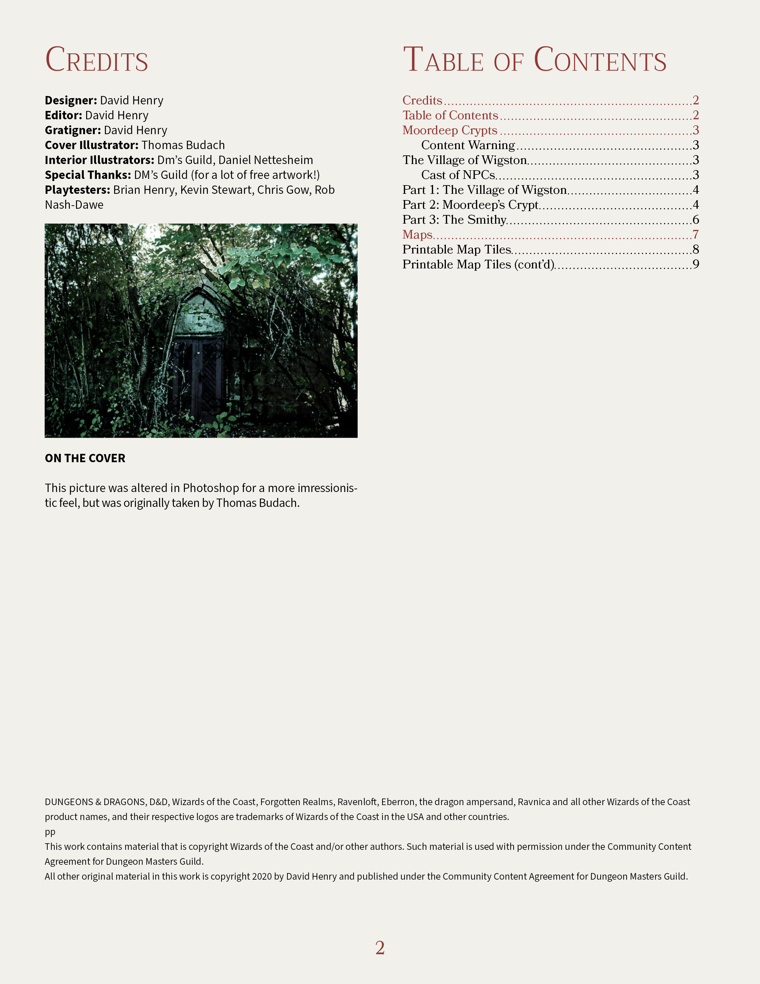 The introdcution page of the Moordeep Crypts adventure