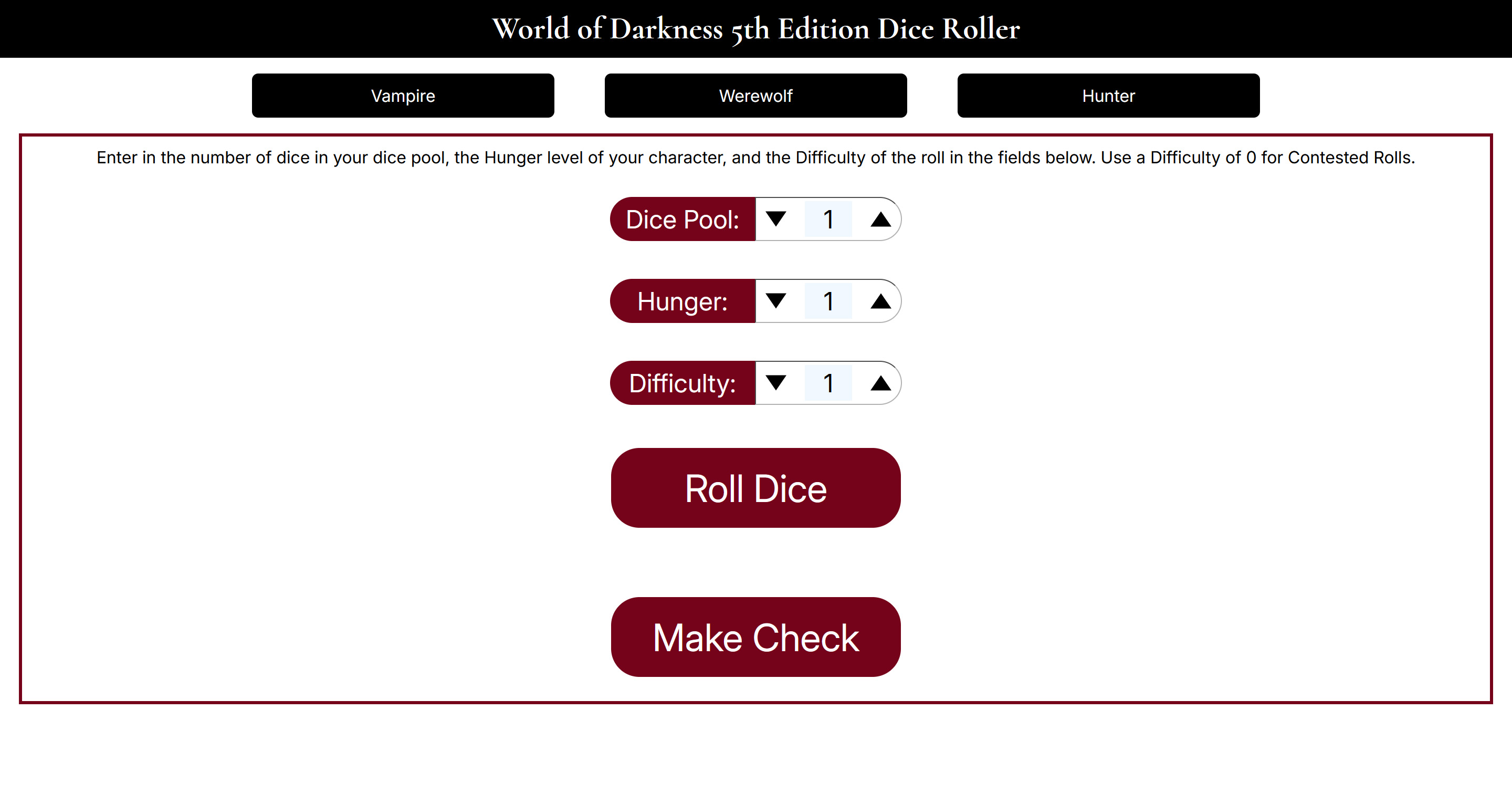 Screenshot of the WoD dice roller