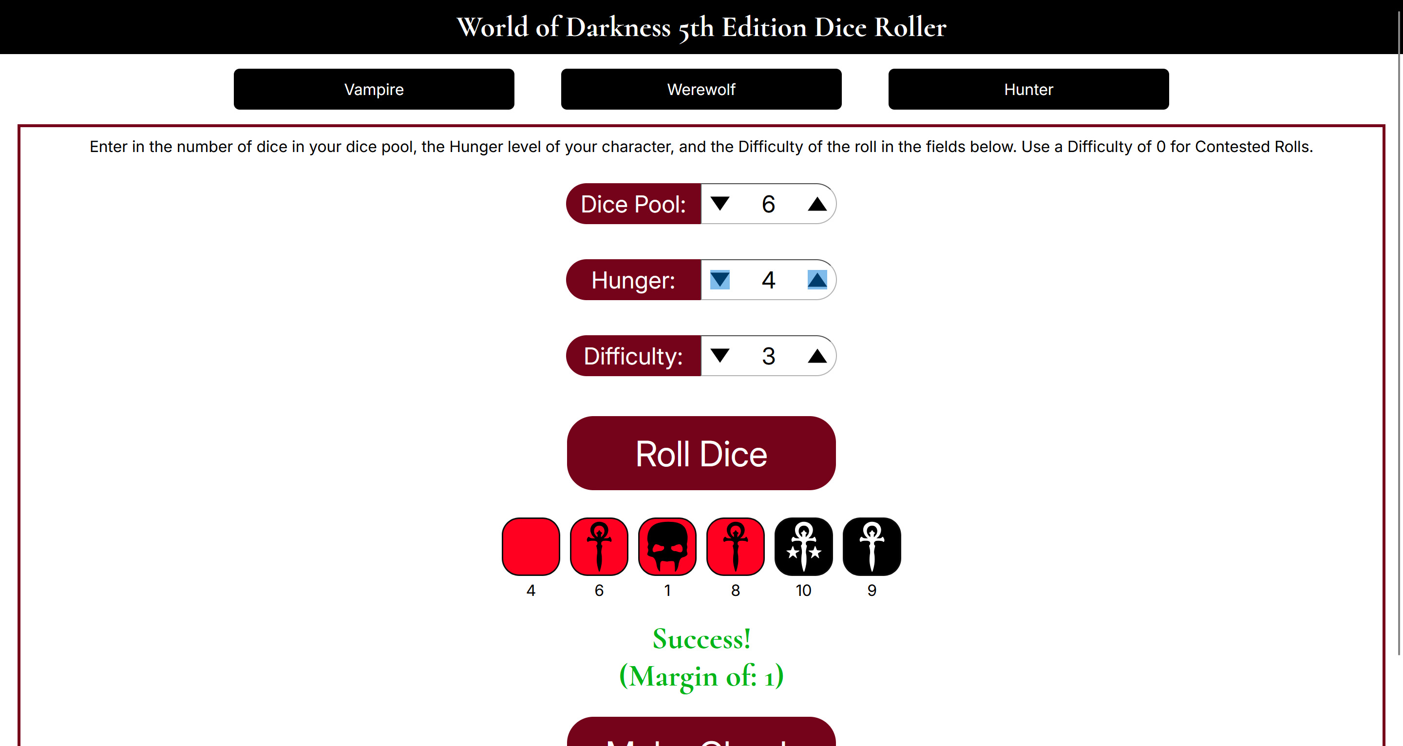 Screenshot of the WoD dice roller
