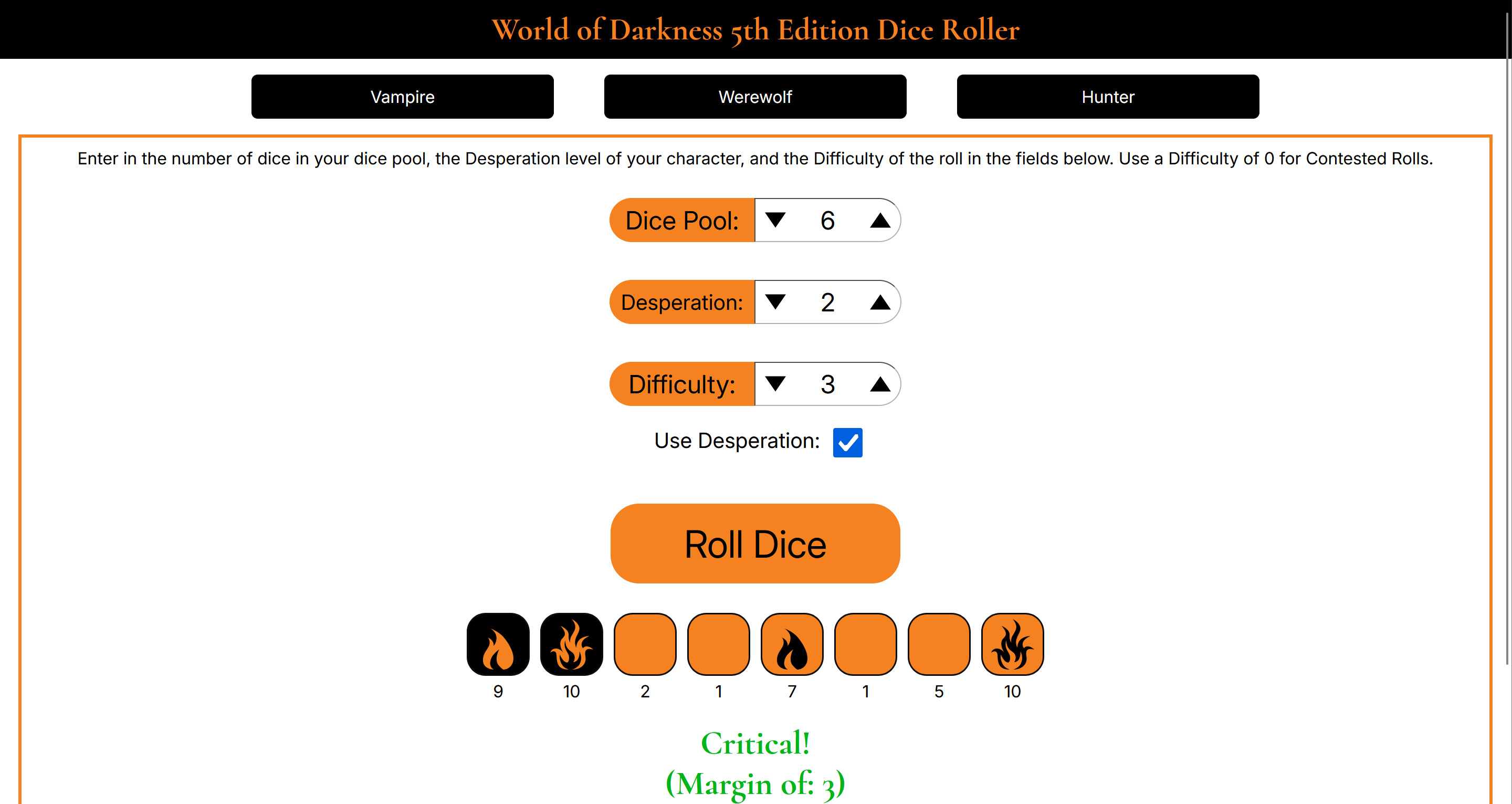 Screenshot of the WoD dice roller